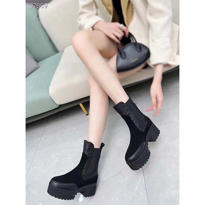 Louis Vuitton LV Women Laureate Platform Chelsea Boot Black Suede Monogram-Debossed Calf Leather