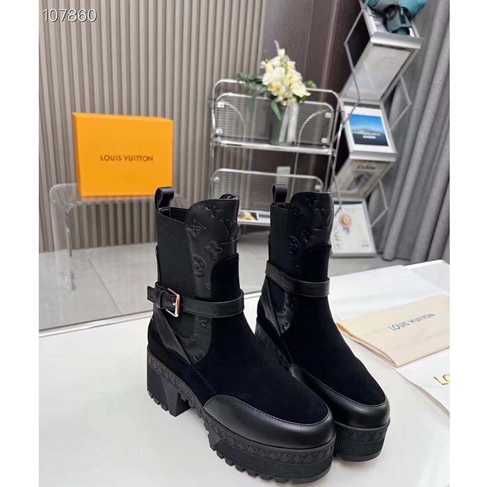 Louis Vuitton LV Women Laureate Platform Chelsea Boot Black Suede Monogram-Debossed Calf Leather