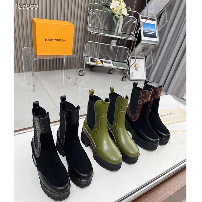 Louis Vuitton LV Women Laureate Platform Chelsea Boot Black Suede Monogram-Debossed Calf Leather