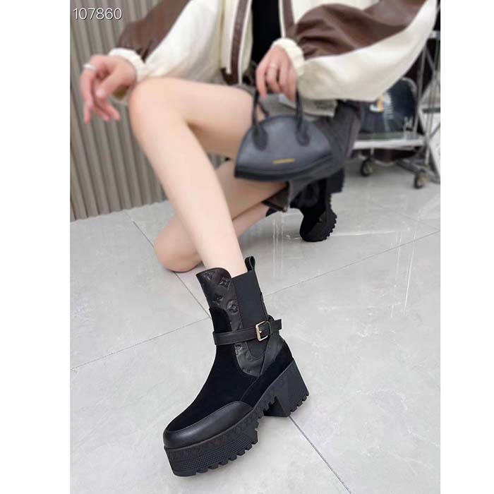 Louis Vuitton LV Women Laureate Platform Chelsea Boot Black Suede Monogram-Debossed Calf Leather