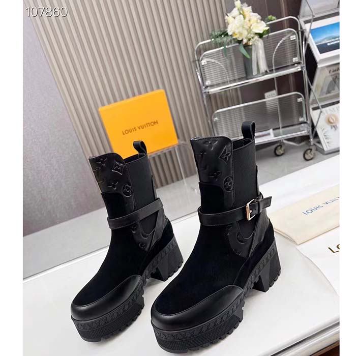 Louis Vuitton LV Women Laureate Platform Chelsea Boot Black Suede Monogram-Debossed Calf Leather