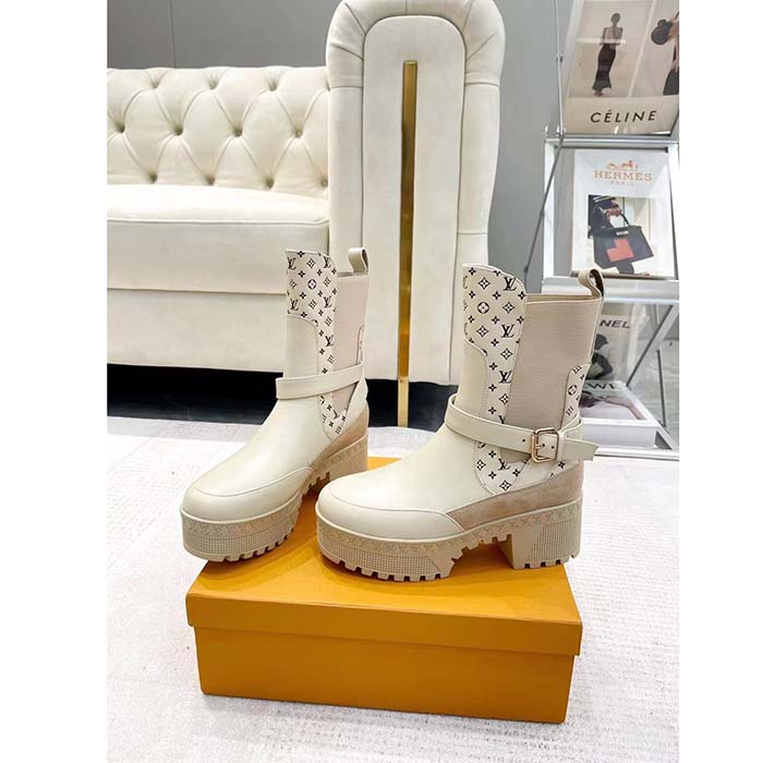 Louis Vuitton LV Women Laureate Platform Desert Boot Beige Calf Leather Treaded Rubber Outsole
