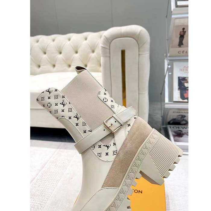 Louis Vuitton LV Women Laureate Platform Desert Boot Beige Calf Leather Treaded Rubber Outsole