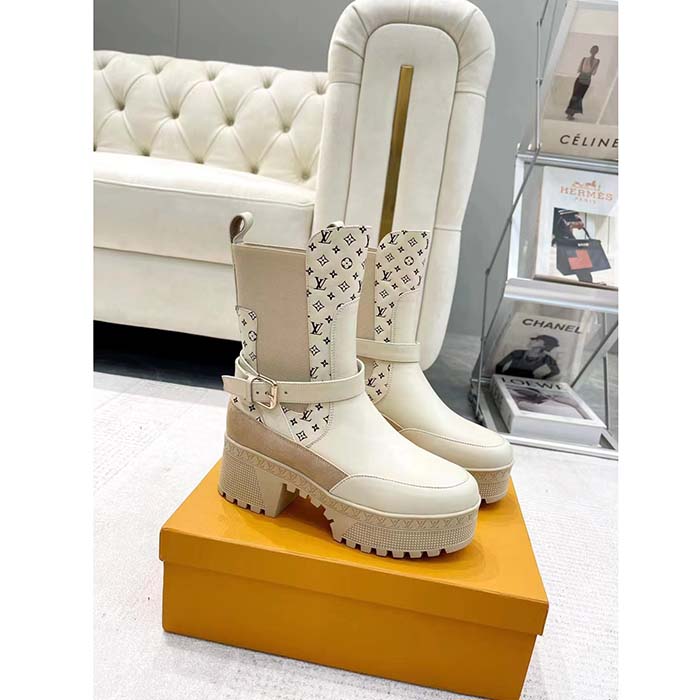 Louis Vuitton LV Women Laureate Platform Desert Boot Beige Calf Leather Treaded Rubber Outsole