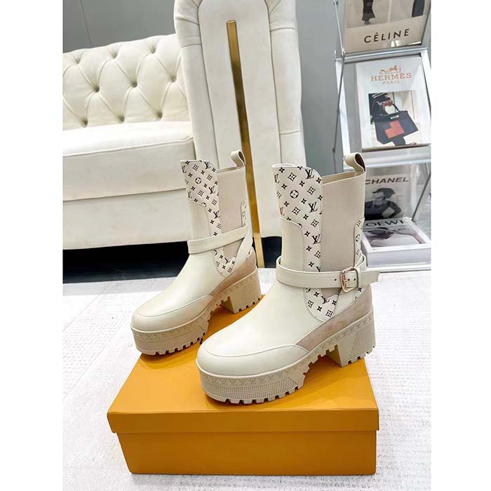 Louis Vuitton LV Women Laureate Platform Desert Boot Beige Calf Leather Treaded Rubber Outsole