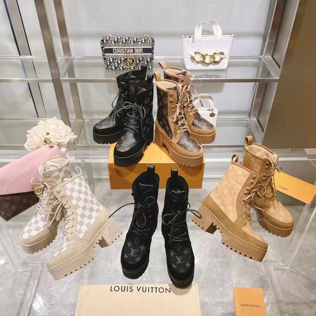 Louis Vuitton LV Women Laureate Platform Desert Boot Beige Monogram Wool Leather Laces Treaded Rubber