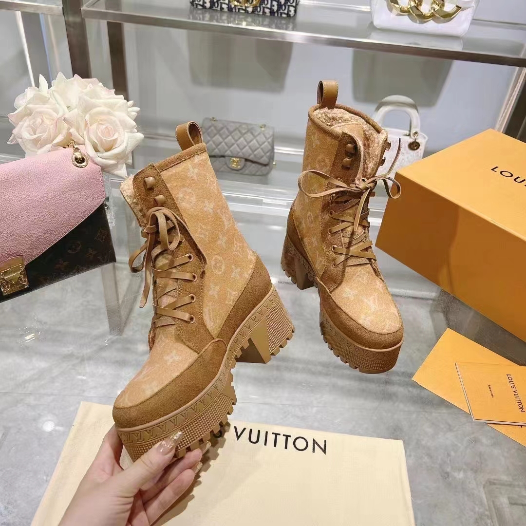 Louis Vuitton LV Women Laureate Platform Desert Boot Beige Monogram Wool Leather Laces Treaded Rubber