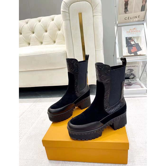 Louis Vuitton LV Women Laureate Platform Desert Boot Black Suede Monogram-Debossed Calf Leather