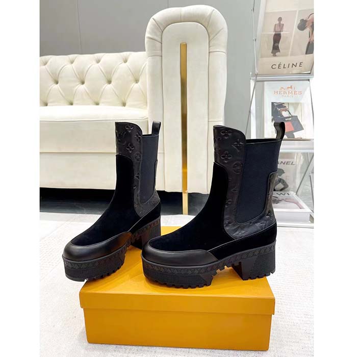 Louis Vuitton LV Women Laureate Platform Desert Boot Black Suede Monogram-Debossed Calf Leather