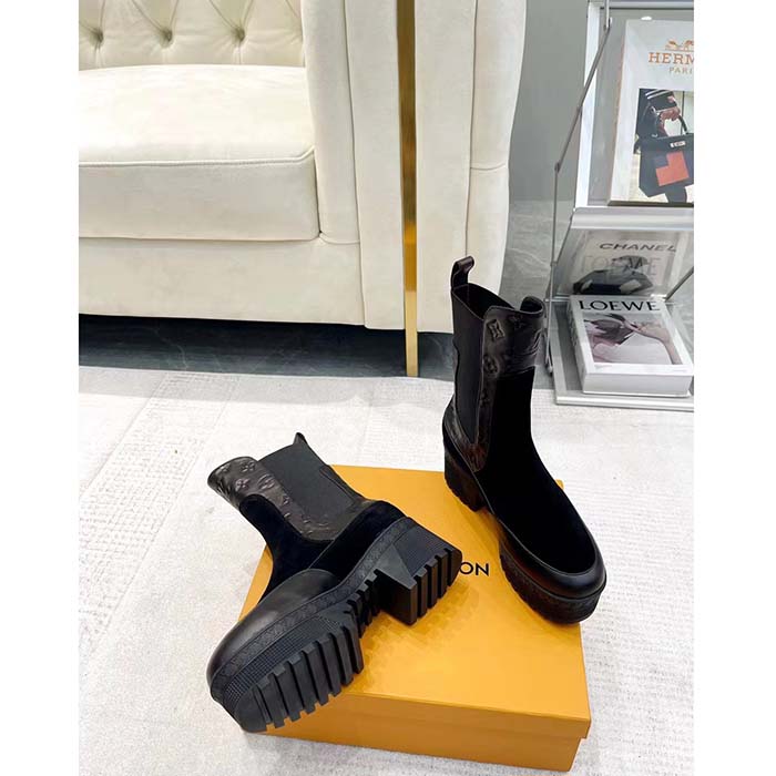 Louis Vuitton LV Women Laureate Platform Desert Boot Black Suede Monogram-Debossed Calf Leather