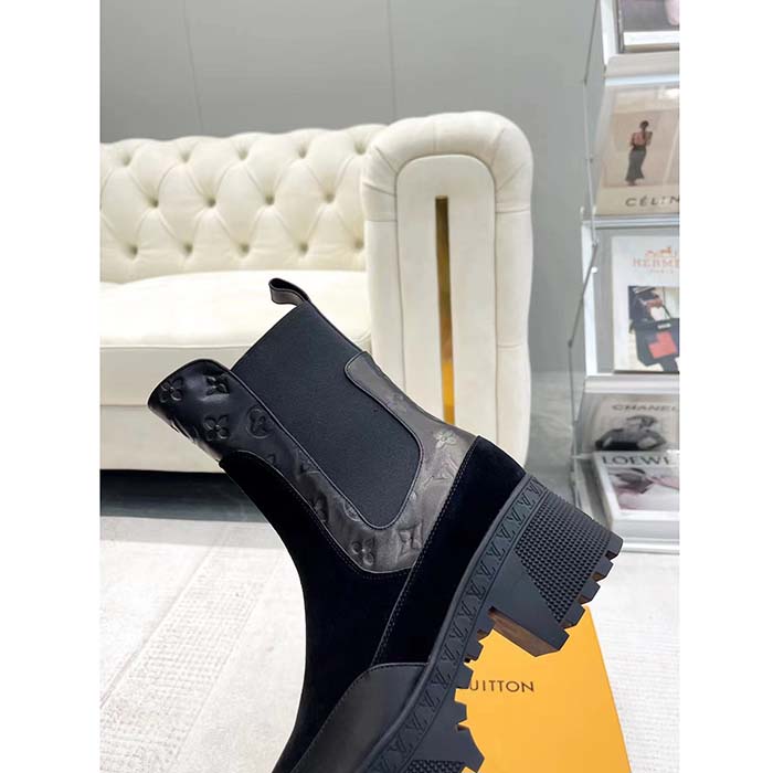 Louis Vuitton LV Women Laureate Platform Desert Boot Black Suede Monogram-Debossed Calf Leather