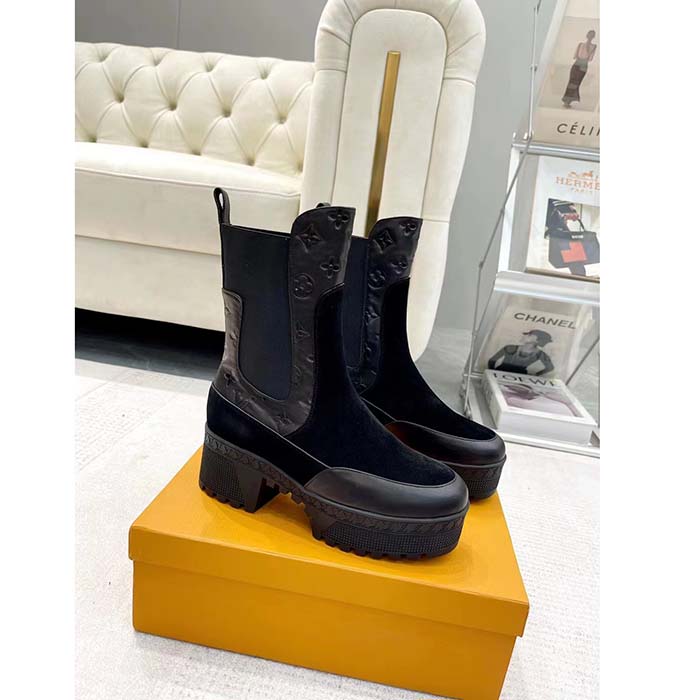 Louis Vuitton LV Women Laureate Platform Desert Boot Black Suede Monogram-Debossed Calf Leather