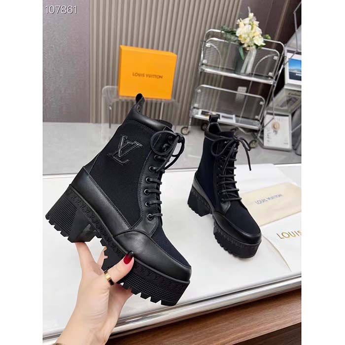 Louis Vuitton LV Women Laureate Platform Desert Boot Black Textile Leather Laces Treaded Rubber