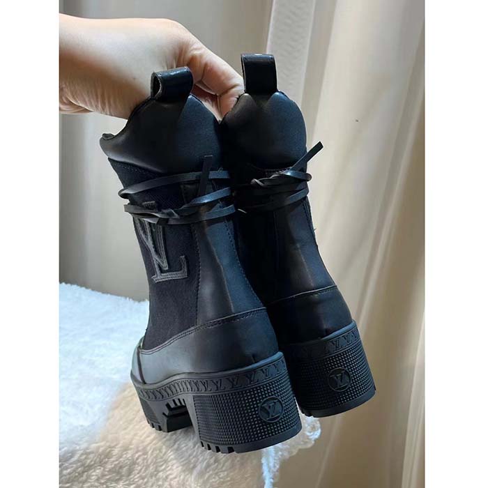 Louis Vuitton LV Women Laureate Platform Desert Boot Black Textile Leather Laces Treaded Rubber