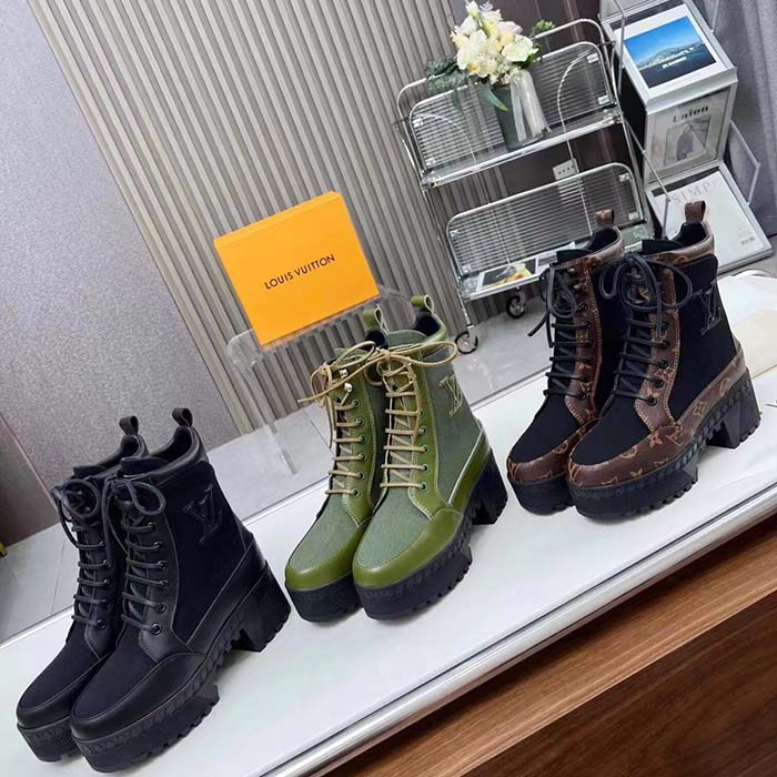 Louis Vuitton LV Women Laureate Platform Desert Boot Khaki Green Textile Leather Laces Treaded Rubber