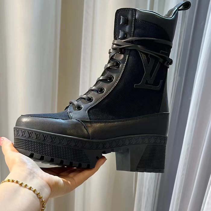 Louis Vuitton LV Women Laureate Platform Desert Boot Black Textile Leather Laces Treaded Rubber