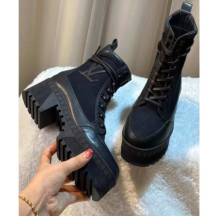 Louis Vuitton LV Women Laureate Platform Desert Boot Black Textile Leather Laces Treaded Rubber