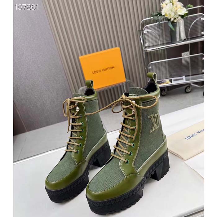 Louis Vuitton LV Women Laureate Platform Desert Boot Khaki Green Textile Leather Laces Treaded Rubber