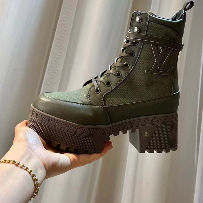 Louis Vuitton LV Women Laureate Platform Desert Boot Khaki Green Textile Leather Laces Treaded Rubber