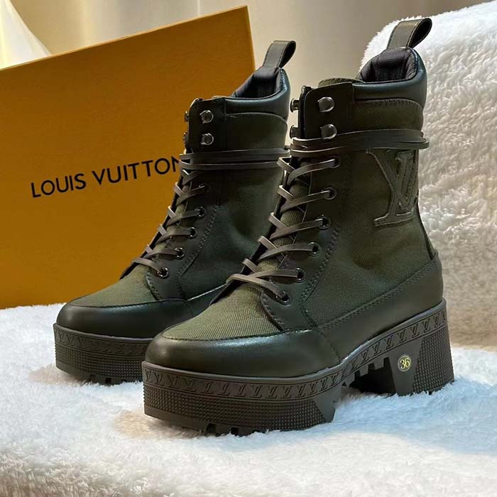 Louis Vuitton LV Women Laureate Platform Desert Boot Khaki Green Textile Leather Laces Treaded Rubber