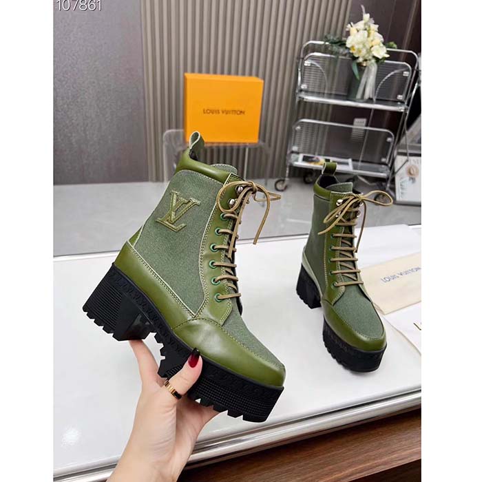 Louis Vuitton LV Women Laureate Platform Desert Boot Khaki Green Textile Leather Laces Treaded Rubber