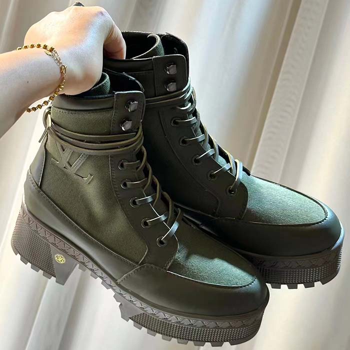 Louis Vuitton LV Women Laureate Platform Desert Boot Khaki Green Textile Leather Laces Treaded Rubber