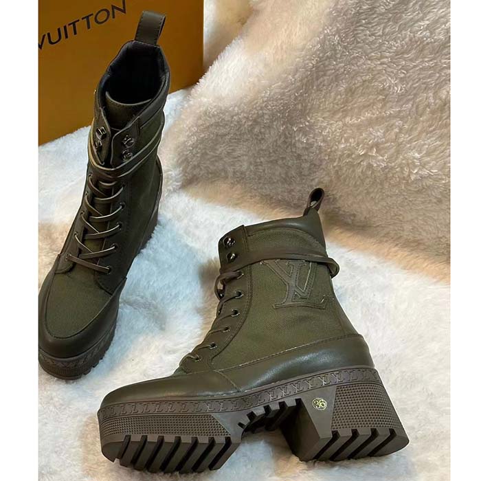 Louis Vuitton LV Women Laureate Platform Desert Boot Khaki Green Textile Leather Laces Treaded Rubber