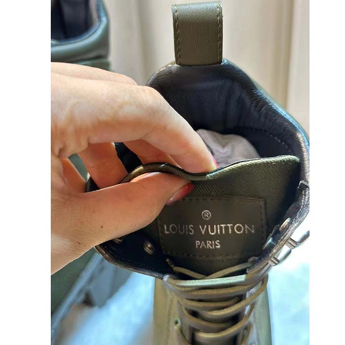 Louis Vuitton LV Women Laureate Platform Desert Boot Khaki Green Textile Leather Laces Treaded Rubber