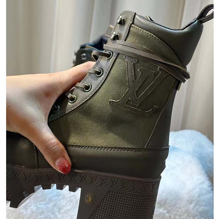 Louis Vuitton LV Women Laureate Platform Desert Boot Khaki Green Textile Leather Laces Treaded Rubber