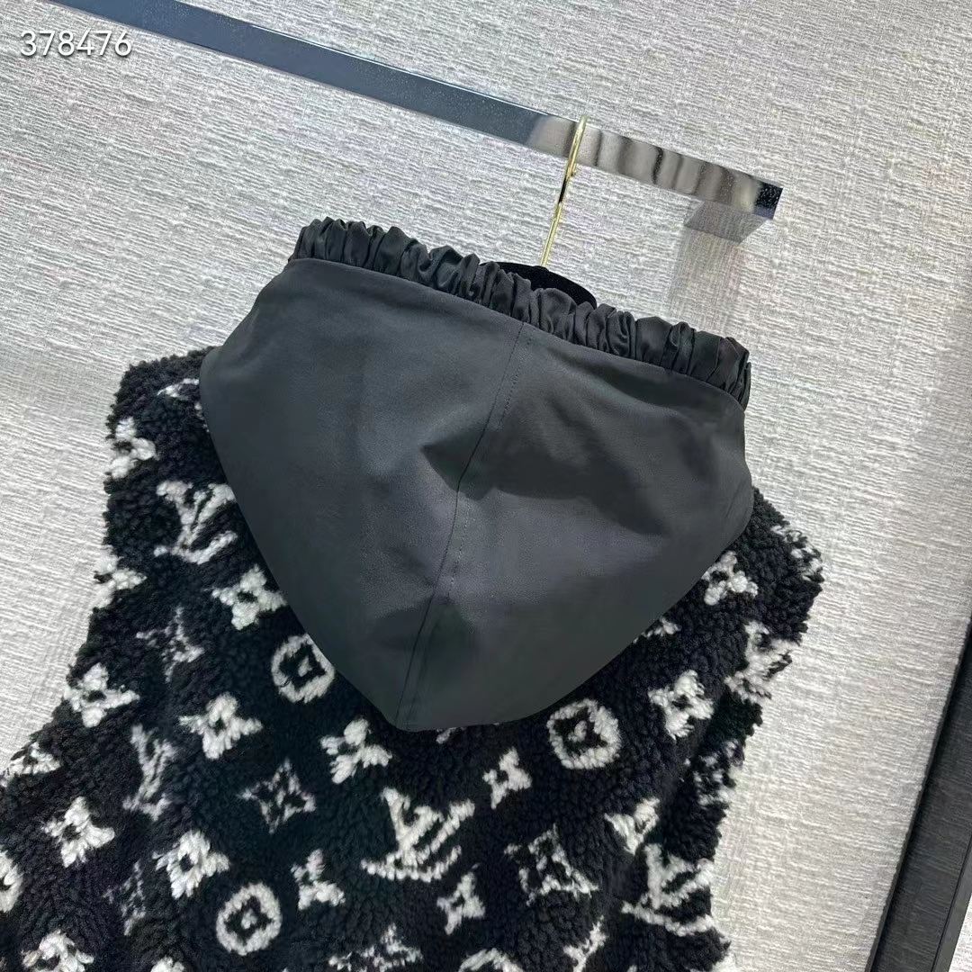 Louis Vuitton LV Women Sleeveless Hooded Monogram Teddy Jacket Acrylic Wool Black White