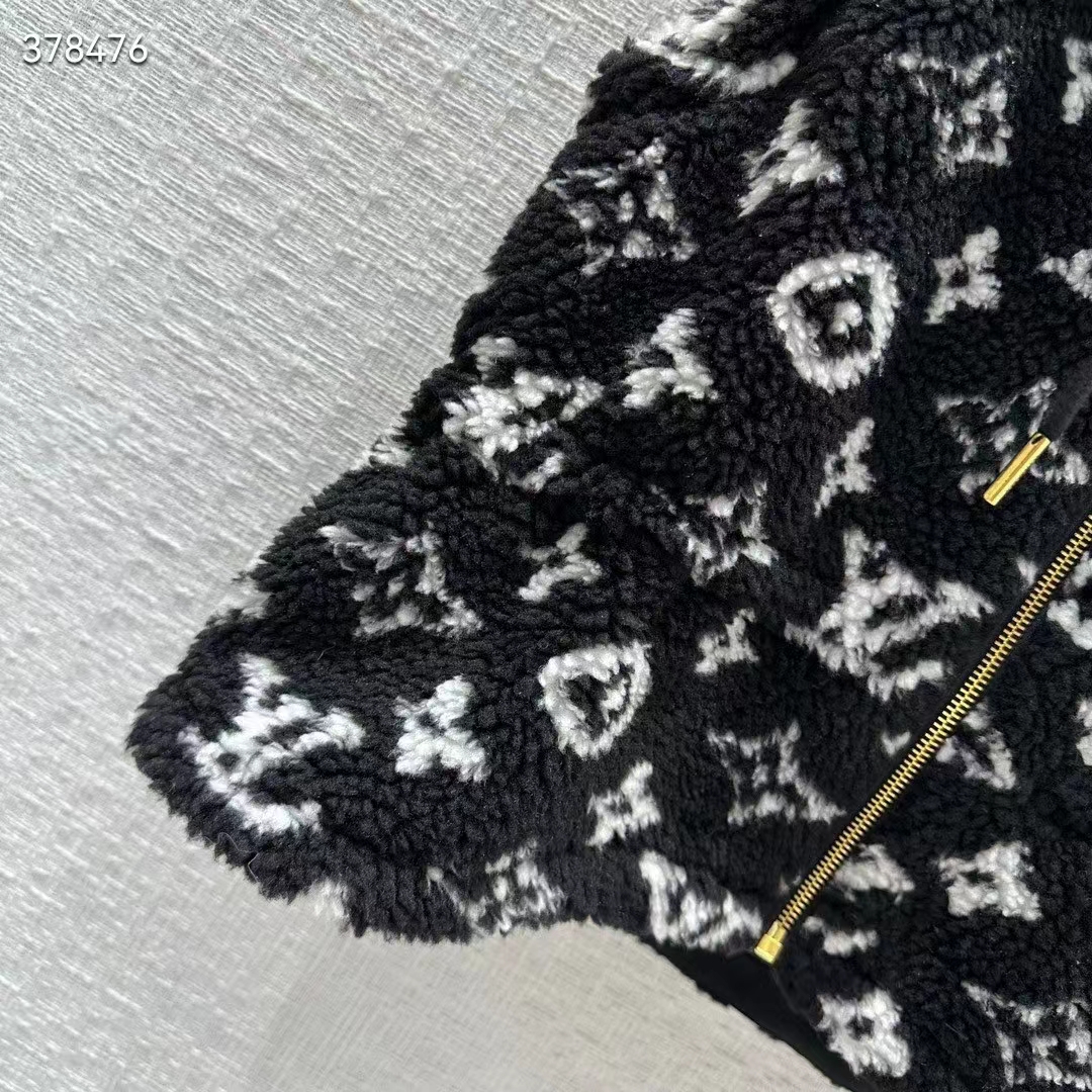 Louis Vuitton LV Women Sleeveless Hooded Monogram Teddy Jacket Acrylic Wool Black White