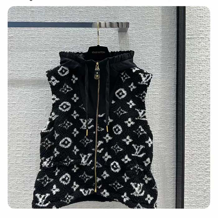 Louis Vuitton LV Women Sleeveless Hooded Monogram Teddy Jacket Acrylic Wool Black White
