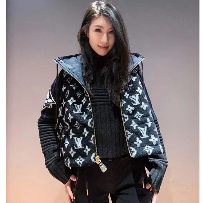 Louis Vuitton LV Women Sleeveless Hooded Monogram Teddy Jacket Acrylic Wool Black White