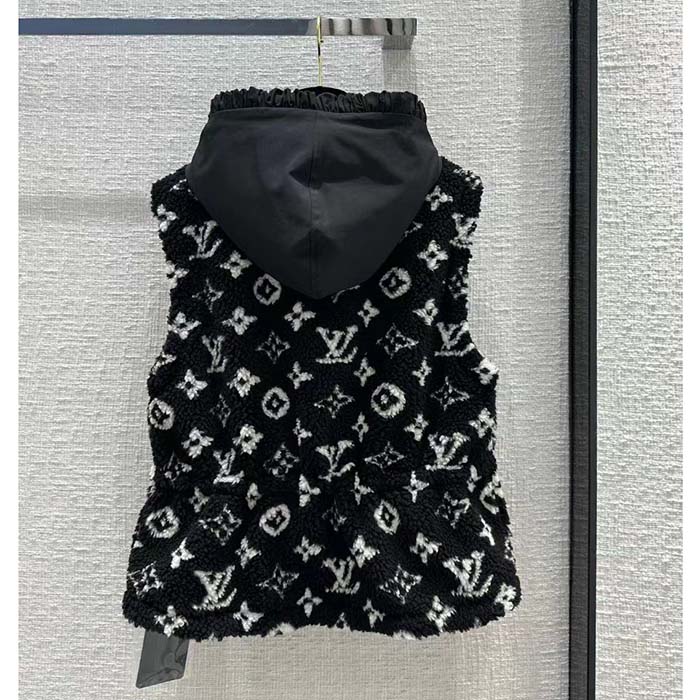 Louis Vuitton LV Women Sleeveless Hooded Monogram Teddy Jacket Acrylic Wool Black White