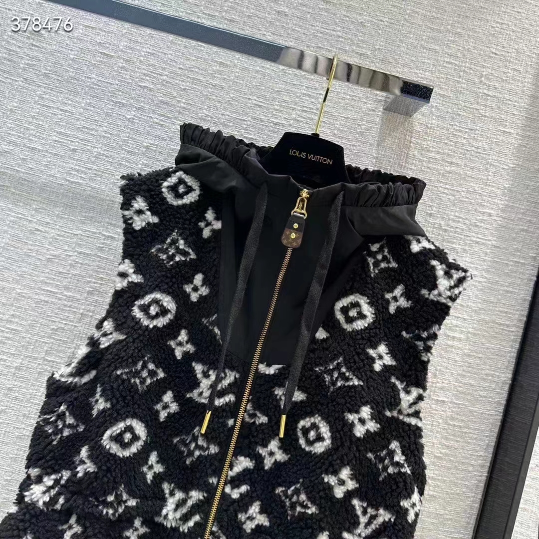 Louis Vuitton LV Women Sleeveless Hooded Monogram Teddy Jacket Acrylic Wool Black White