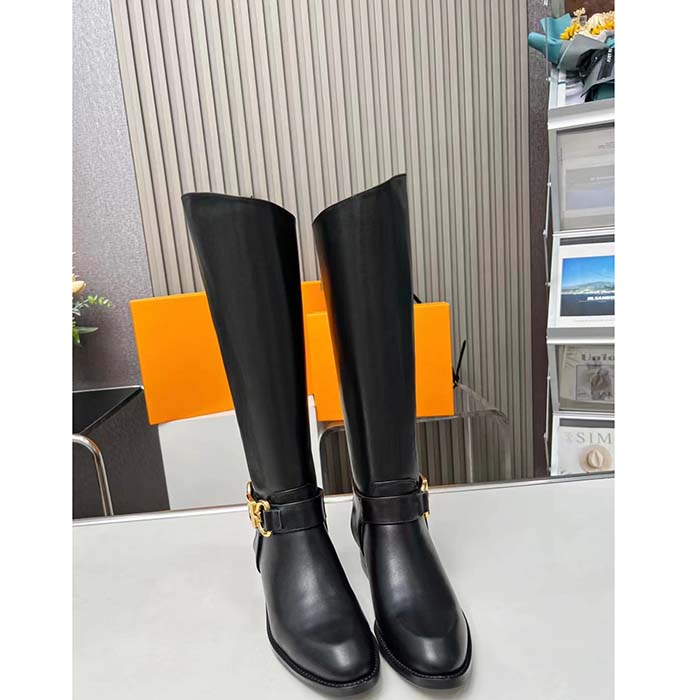 Louis Vuitton LV Women Westside Flat High Boot Black Calf Leather Side Zip