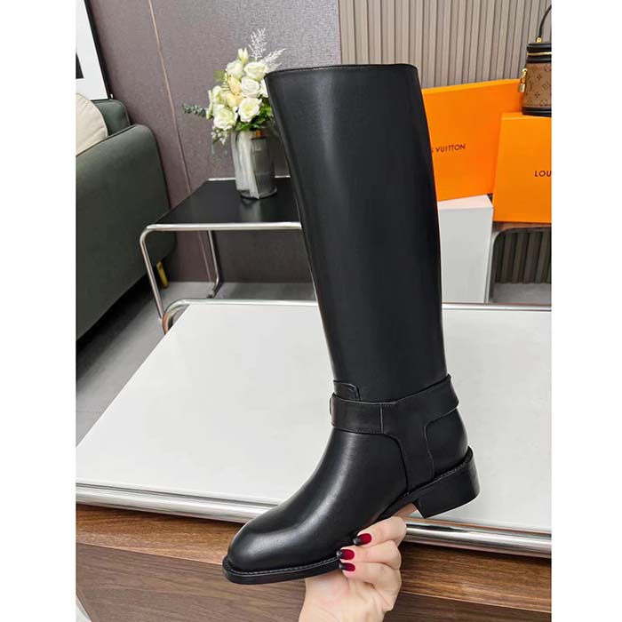 Louis Vuitton LV Women Westside Flat High Boot Black Calf Leather Side Zip