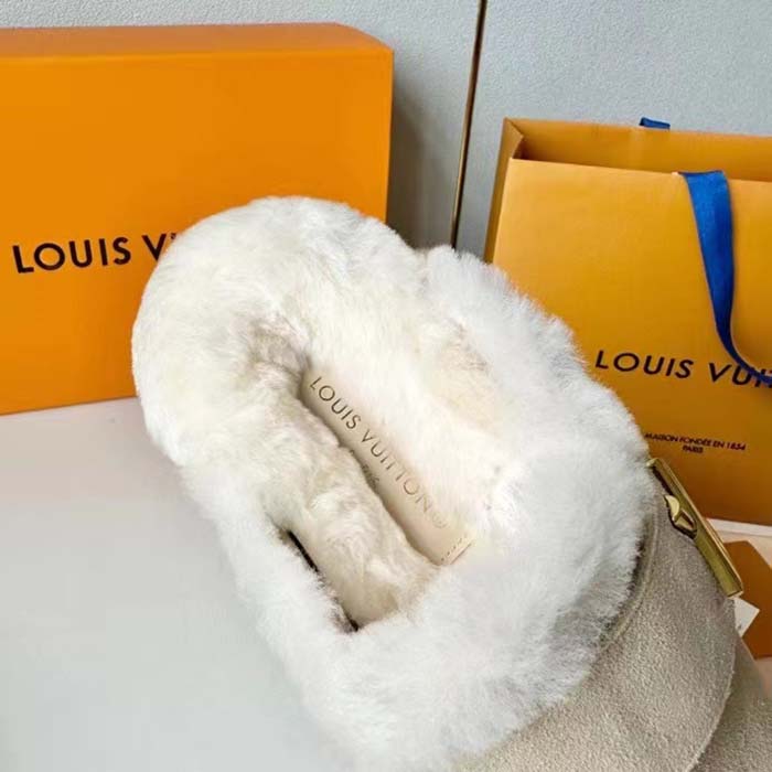 Louis Vuitton Unisex LV Cosy Flat Comfort Clog Natural Suede Calf Leather Shearling