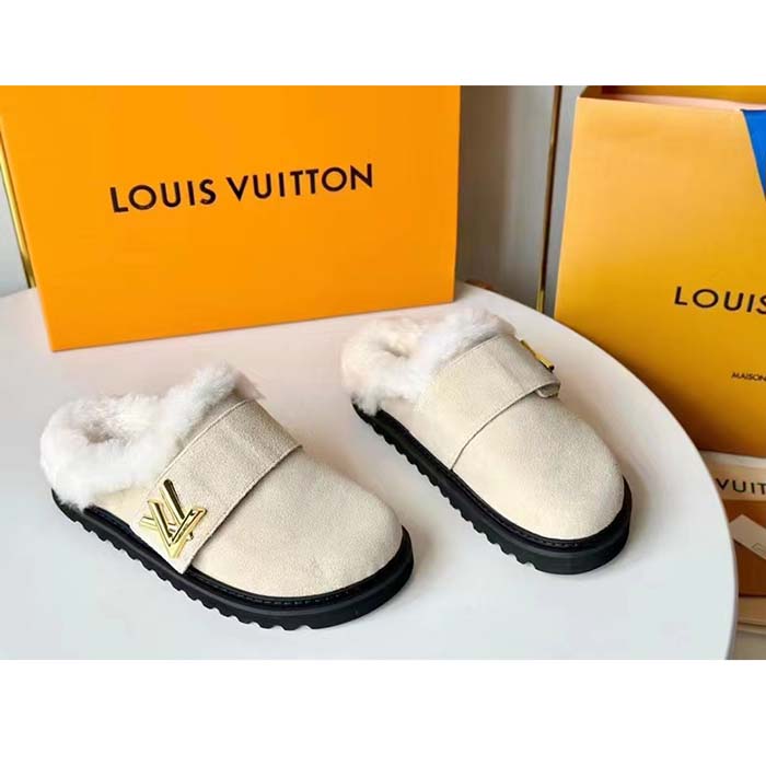 Louis Vuitton Unisex LV Cosy Flat Comfort Clog Natural Suede Calf Leather Shearling