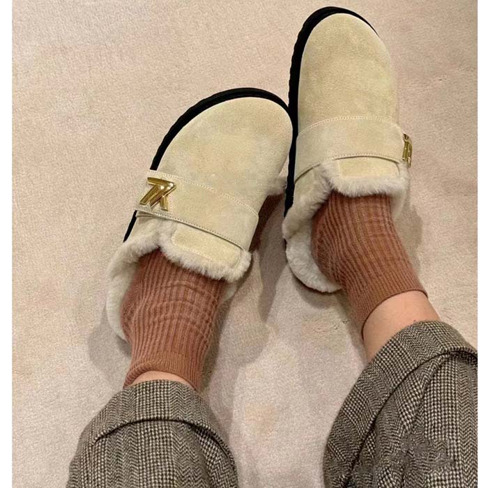 Louis Vuitton Unisex LV Cosy Flat Comfort Clog Natural Suede Calf Leather Shearling