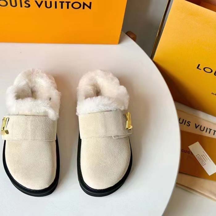Louis Vuitton Unisex LV Cosy Flat Comfort Clog Natural Suede Calf Leather Shearling