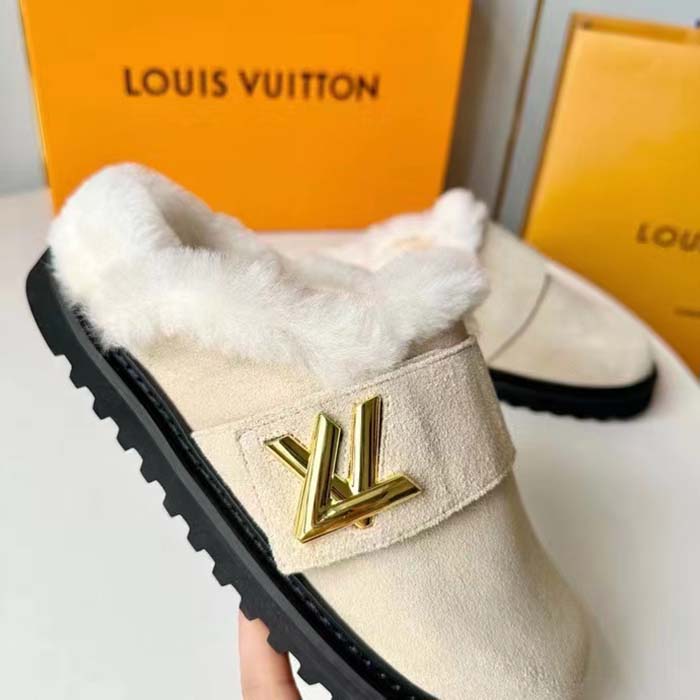Louis Vuitton Unisex LV Cosy Flat Comfort Clog Natural Suede Calf Leather Shearling