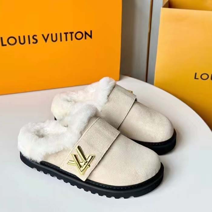 Louis Vuitton Unisex LV Cosy Flat Comfort Clog Natural Suede Calf Leather Shearling