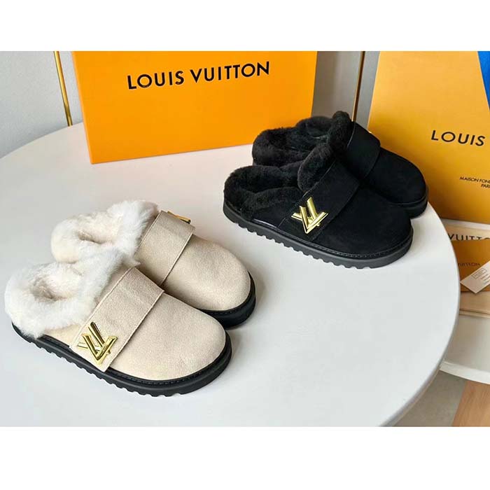 Louis Vuitton Unisex LV Cosy Flat Comfort Clog Natural Suede Calf Leather Shearling