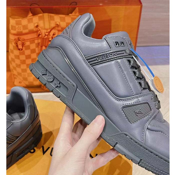 Louis Vuitton Unisex LV Trainer Sneaker Grey Calf Leather Rubber Outsole Monogram Flower