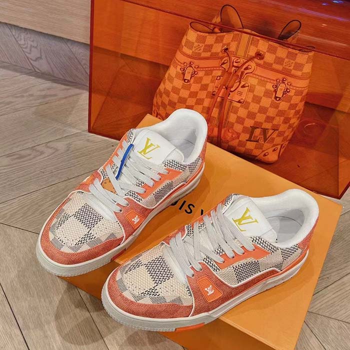 Louis Vuitton Unisex LV Trainer Sneaker Orange Damier Grained Calf Leather Rubber Monogram Flowers