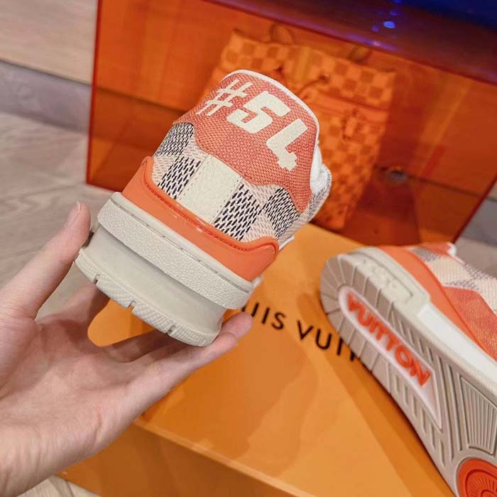 Louis Vuitton Unisex LV Trainer Sneaker Orange Damier Grained Calf Leather Rubber Monogram Flowers
