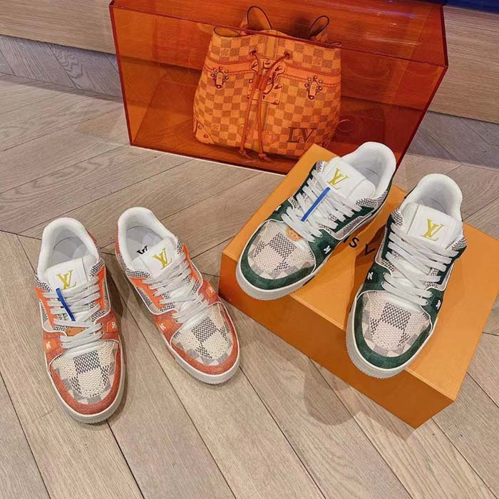 Louis Vuitton Unisex LV Trainer Sneaker Orange Damier Grained Calf Leather Rubber Monogram Flowers