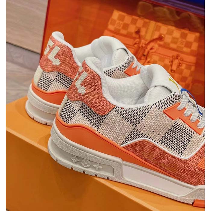 Louis Vuitton Unisex LV Trainer Sneaker Orange Damier Grained Calf Leather Rubber Monogram Flowers