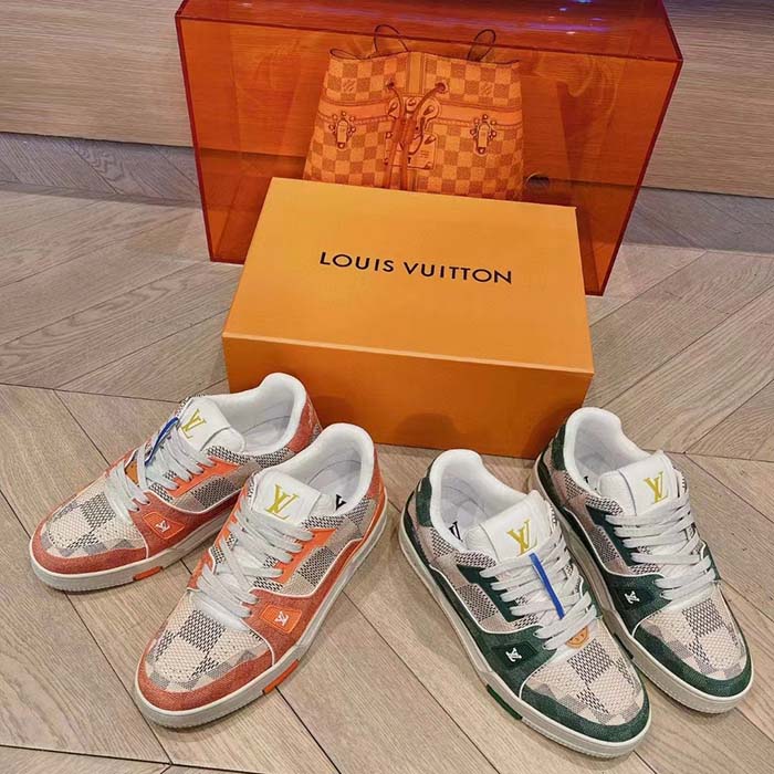 Louis Vuitton Unisex LV Trainer Sneaker Orange Damier Grained Calf Leather Rubber Monogram Flowers